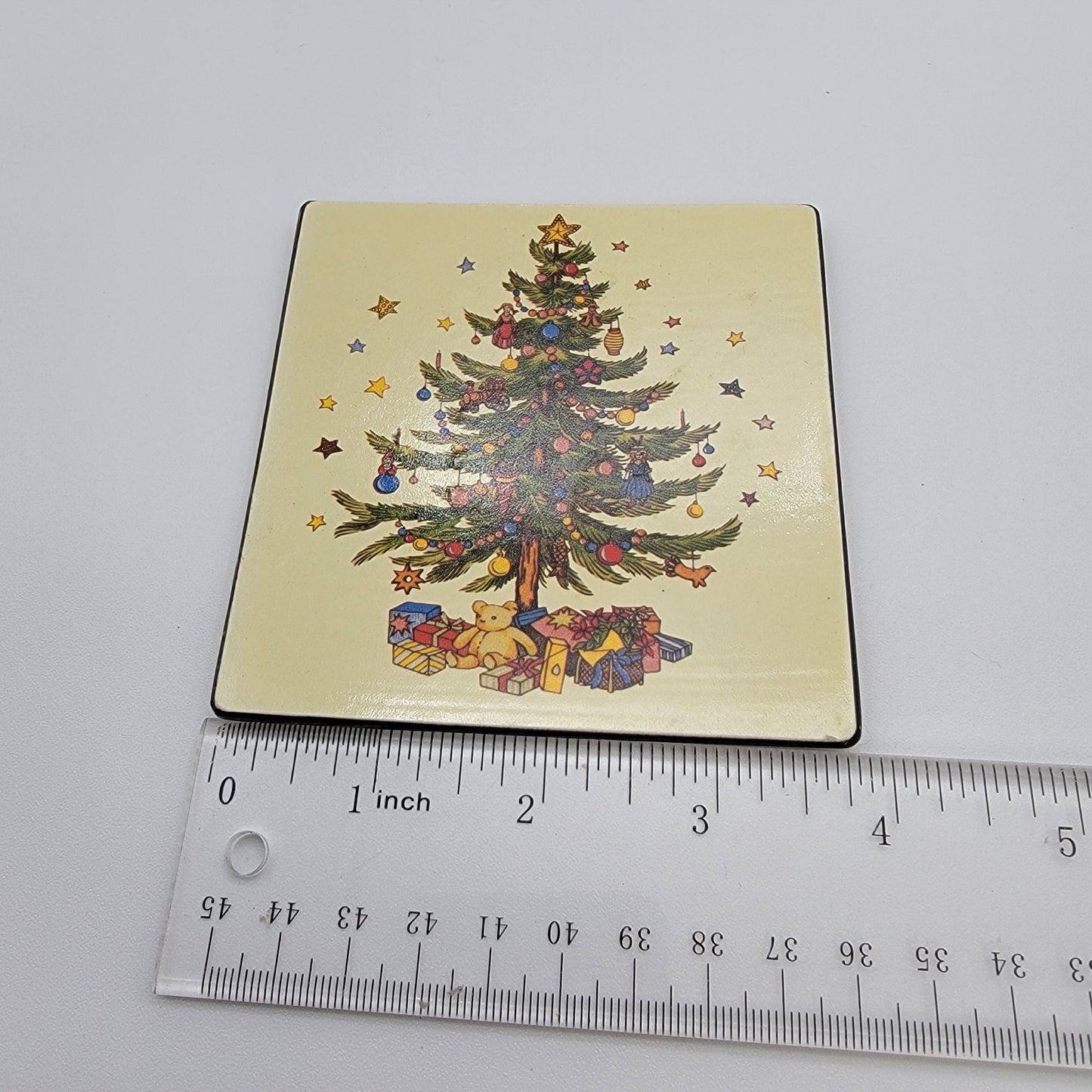 Lord & Taylor Taiwan Christmas Tree Coasters Cork Backing Set Of 6 In Wooden Box