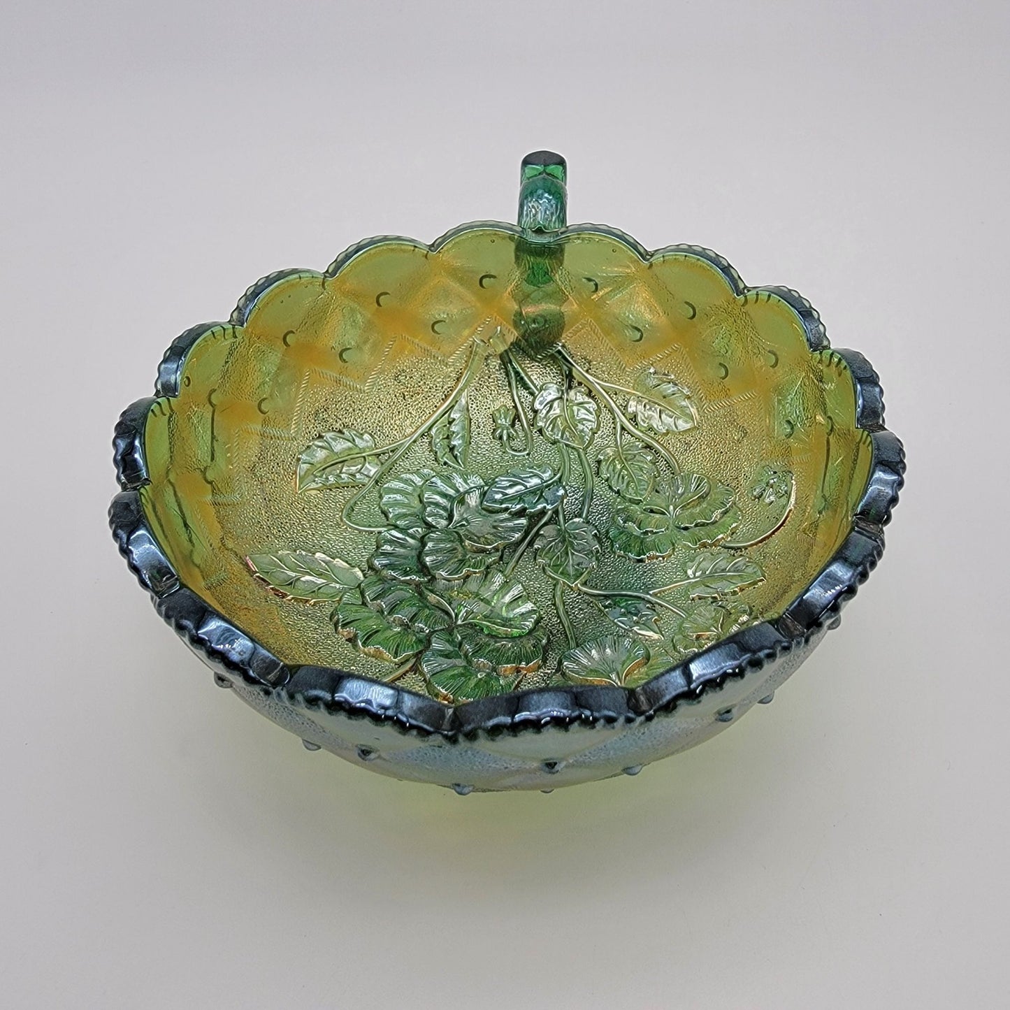 Vintage Imperial Carnival Glass Pansy Nappy Bowl Helios Green