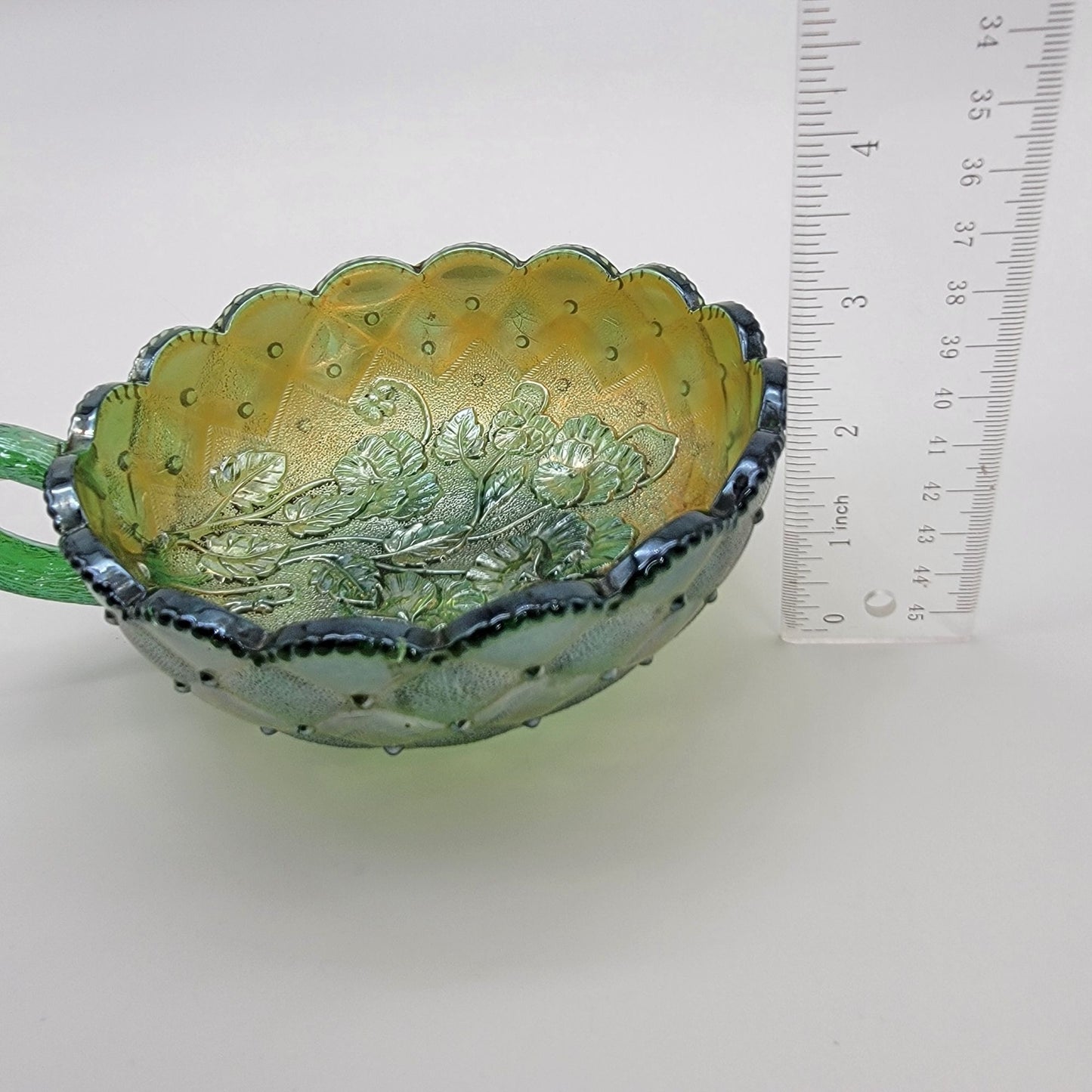 Vintage Imperial Carnival Glass Pansy Nappy Bowl Helios Green