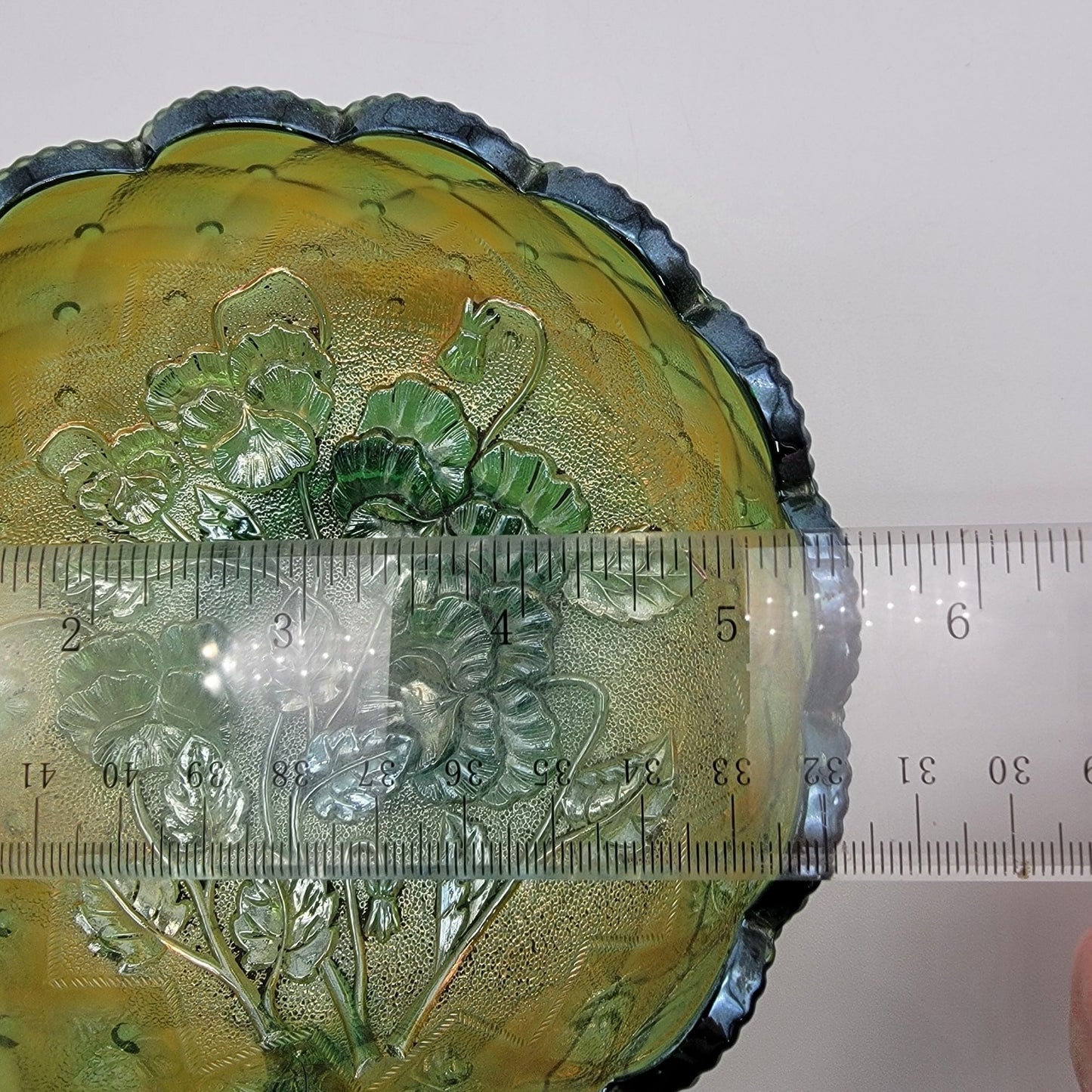 Vintage Imperial Carnival Glass Pansy Nappy Bowl Helios Green