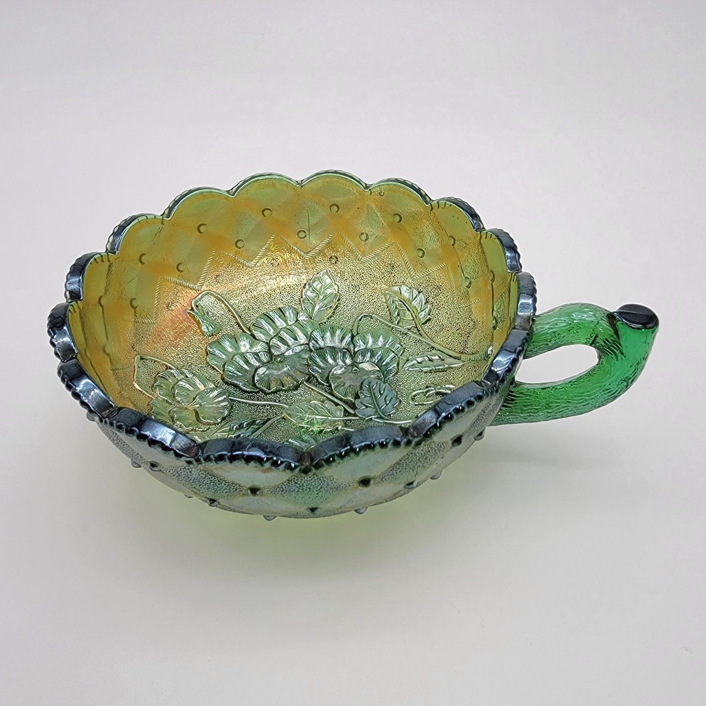 Vintage Imperial Carnival Glass Pansy Nappy Bowl Helios Green