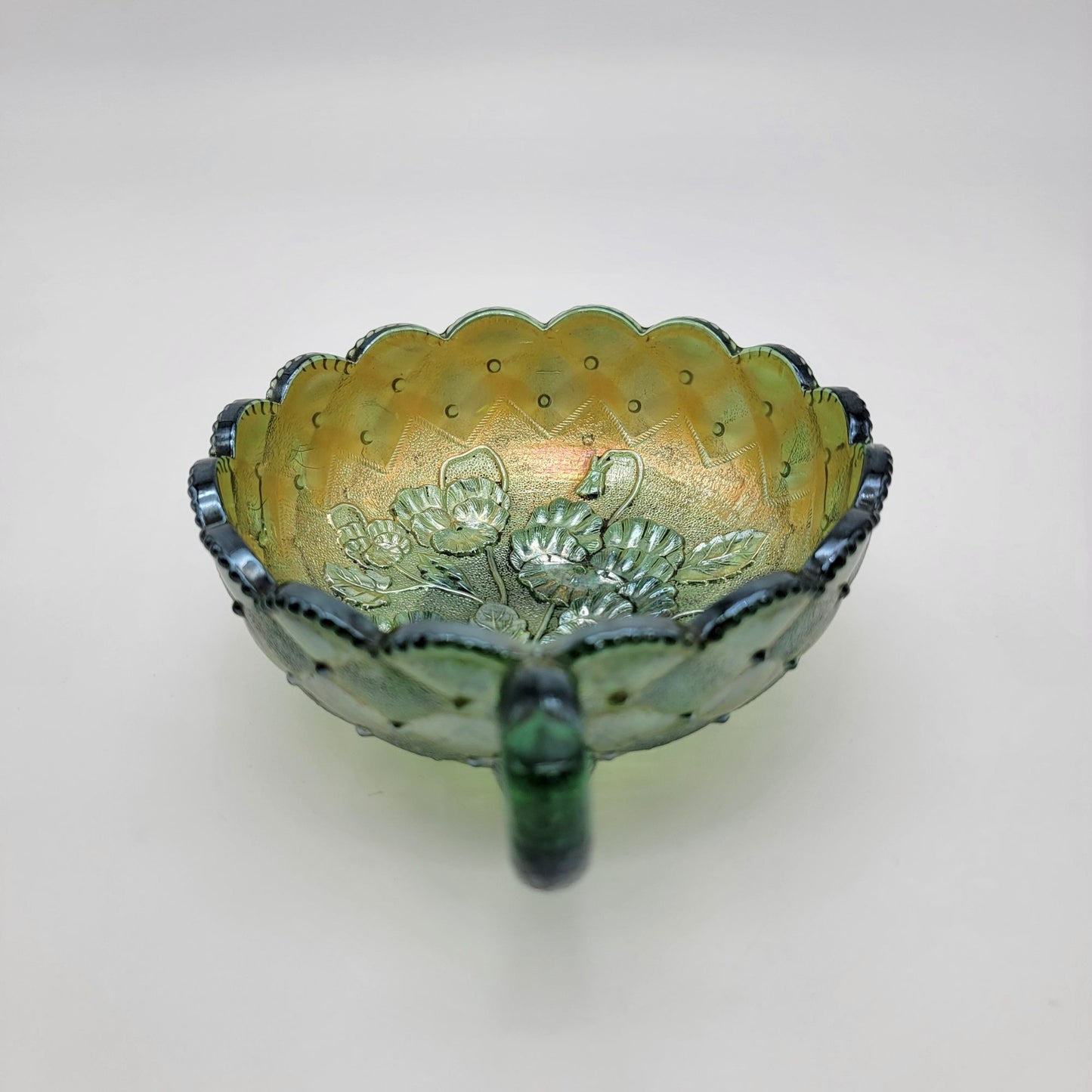 Vintage Imperial Carnival Glass Pansy Nappy Bowl Helios Green
