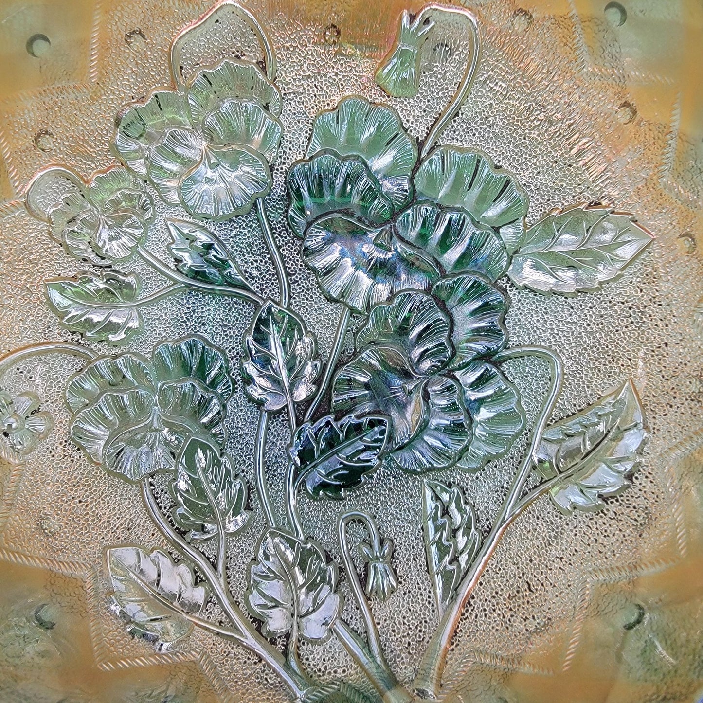 Vintage Imperial Carnival Glass Pansy Nappy Bowl Helios Green