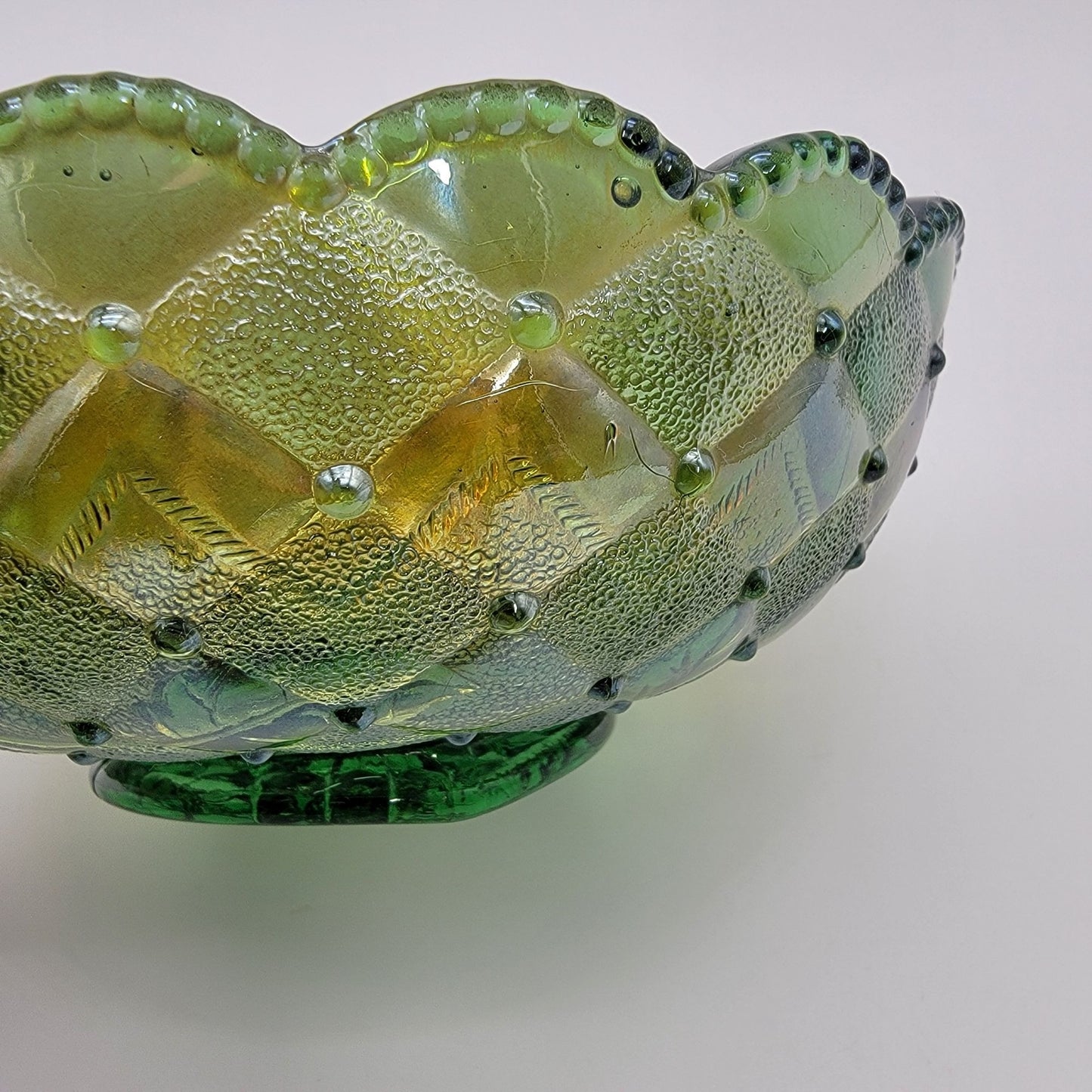 Vintage Imperial Carnival Glass Pansy Nappy Bowl Helios Green