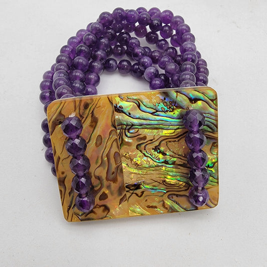 Multi-Strand Amethyst Gemstone Beaded Bracelet With Abalone Shell Panel