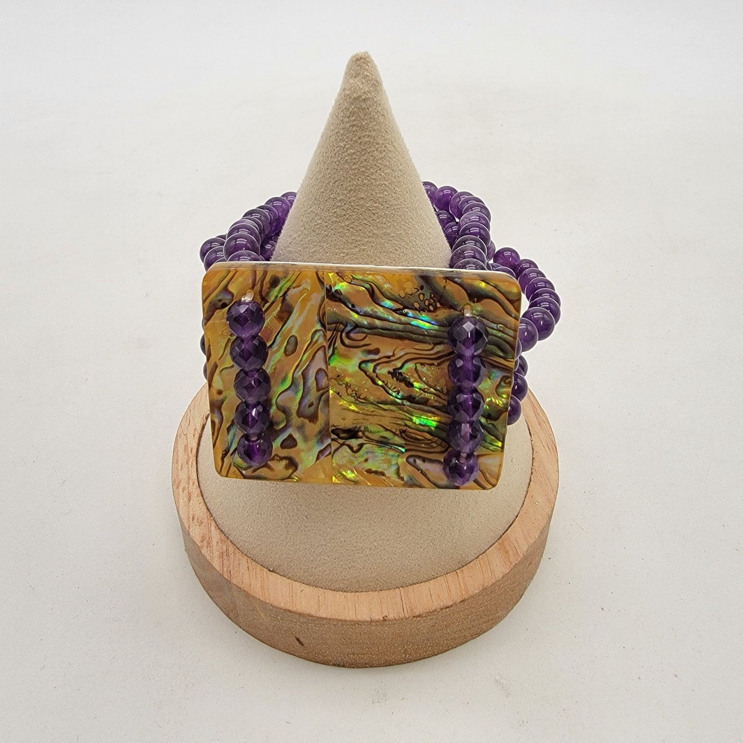 Multi-Strand Amethyst Gemstone Beaded Bracelet With Abalone Shell Panel