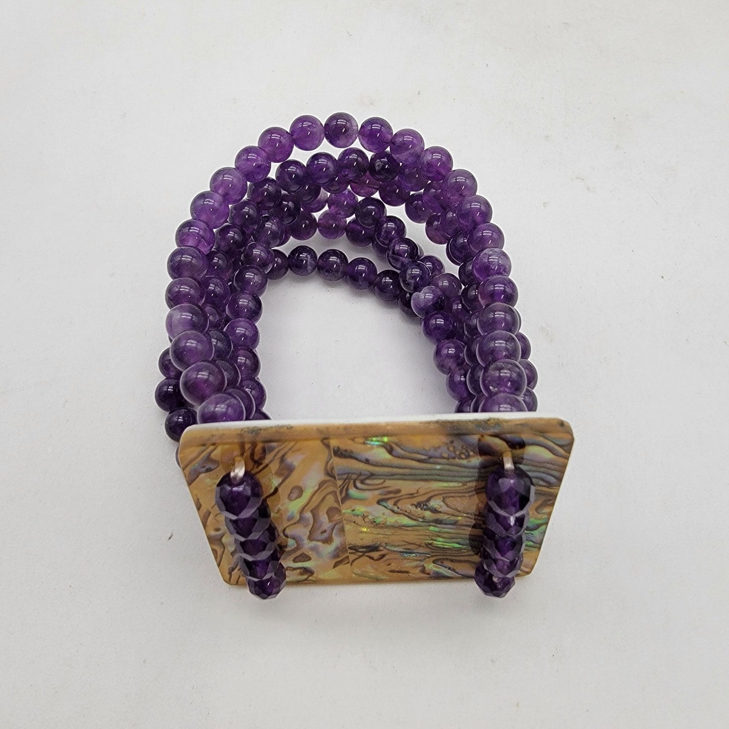 Multi-Strand Amethyst Gemstone Beaded Bracelet With Abalone Shell Panel
