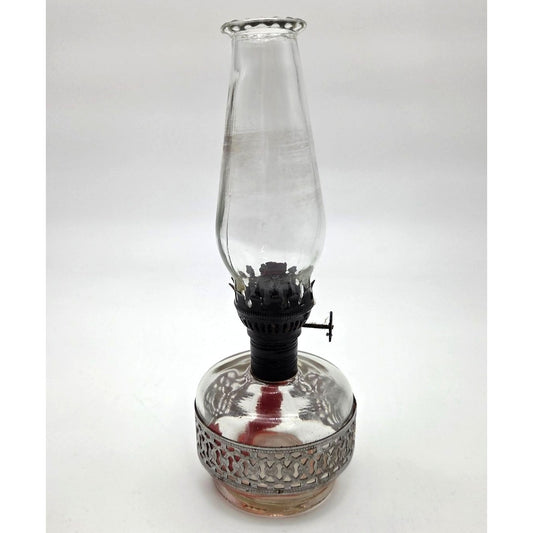 Vintage Miniature 8" Glass Oil Lamp Lamplight Farms Decorative Metal Band