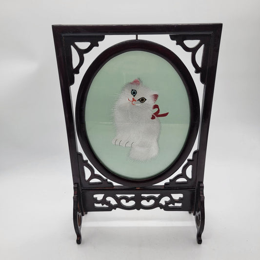 Vintage Chinese Silk Embroidery Cat Handcrafted Table Screen with Carved Wood Stand