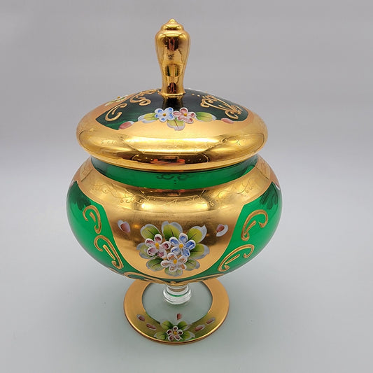 Vintage Seyei Victorian Enameled Glass Emerald Green & 22kt Gold Lidded Candy Dish
