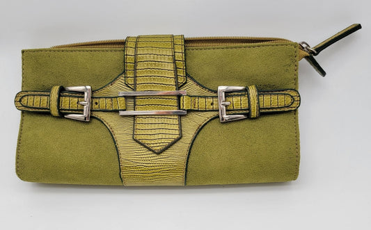 Green Suede & Leather Clutch Wallet With Buckle Accents & Zip Closure