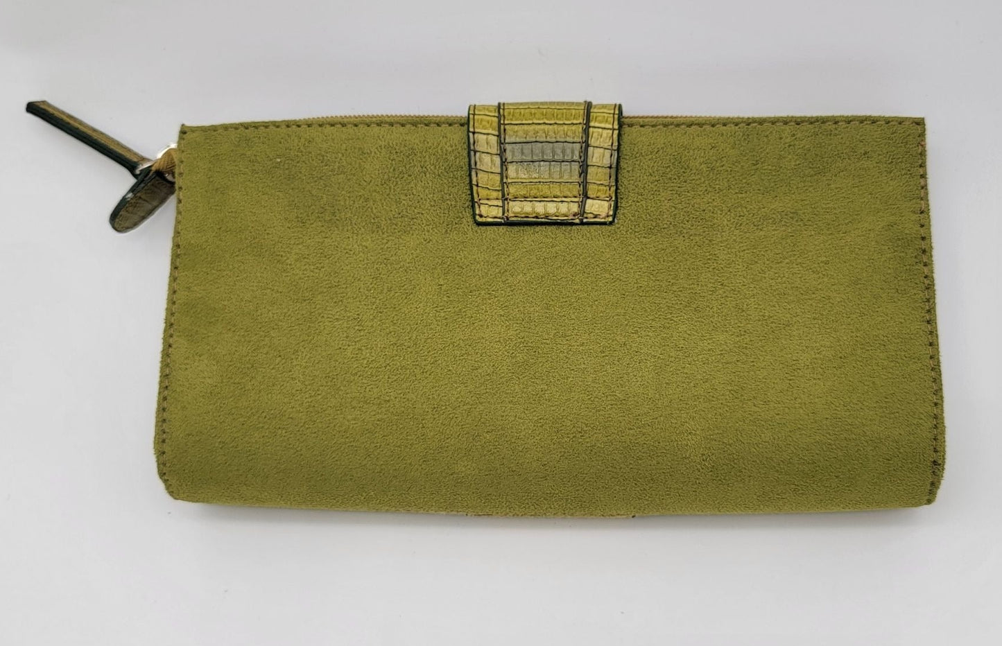 Green Suede & Leather Clutch Wallet With Buckle Accents & Zip Closure
