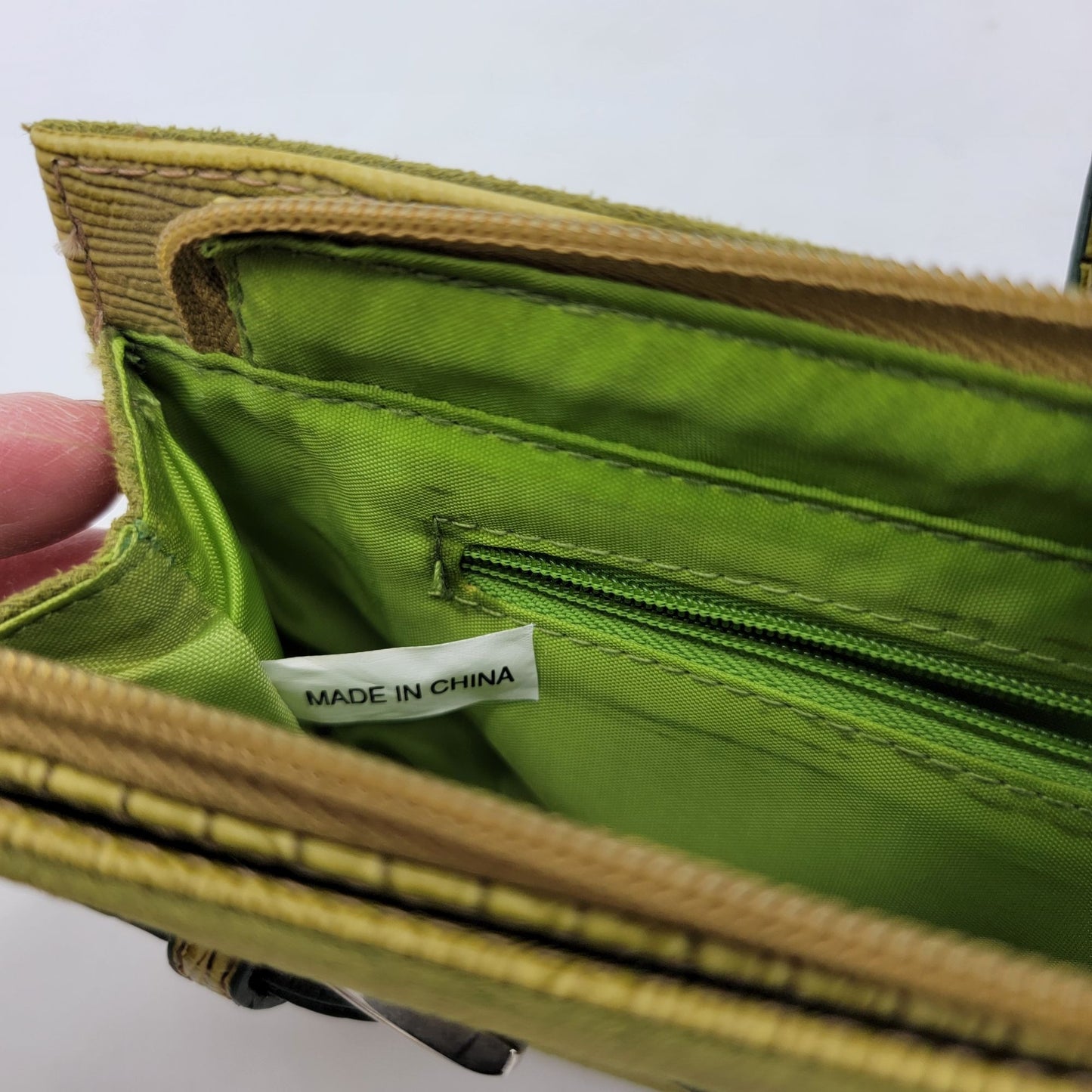 Green Suede & Leather Clutch Wallet With Buckle Accents & Zip Closure