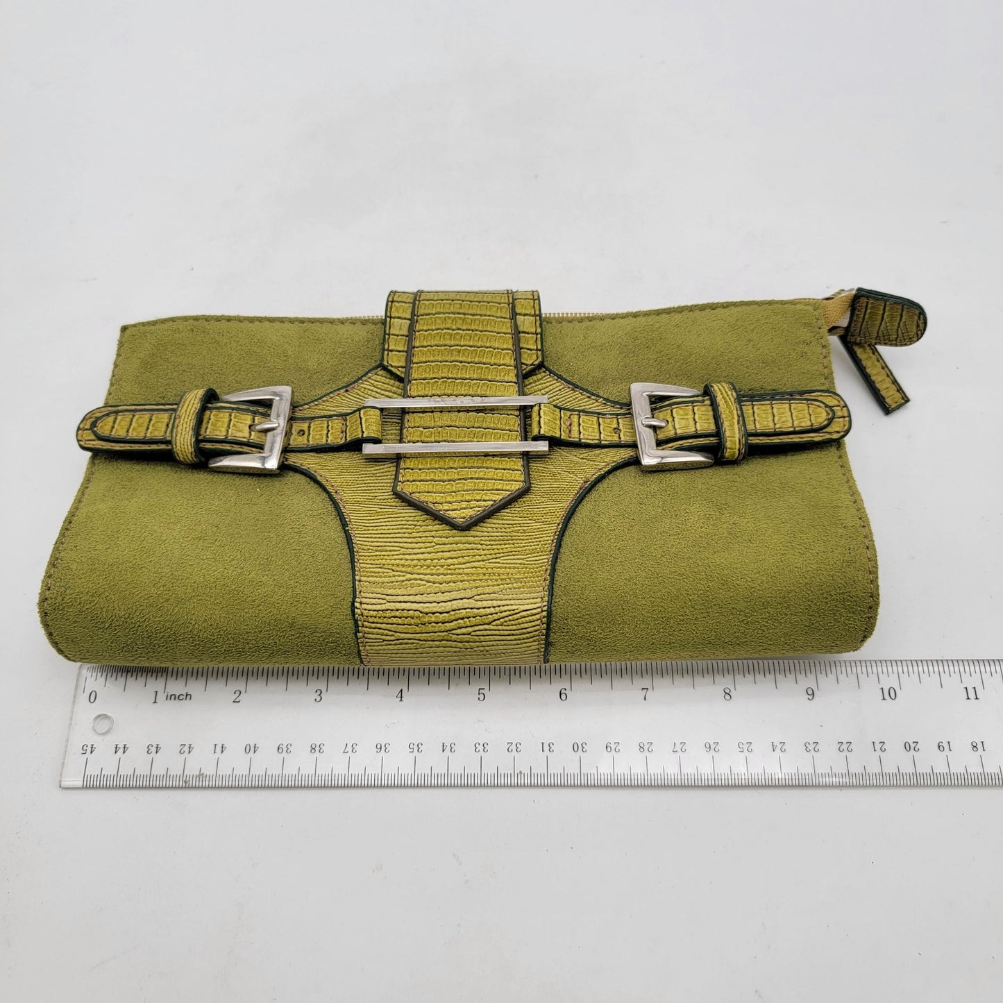 Green Suede & Leather Clutch Wallet With Buckle Accents & Zip Closure