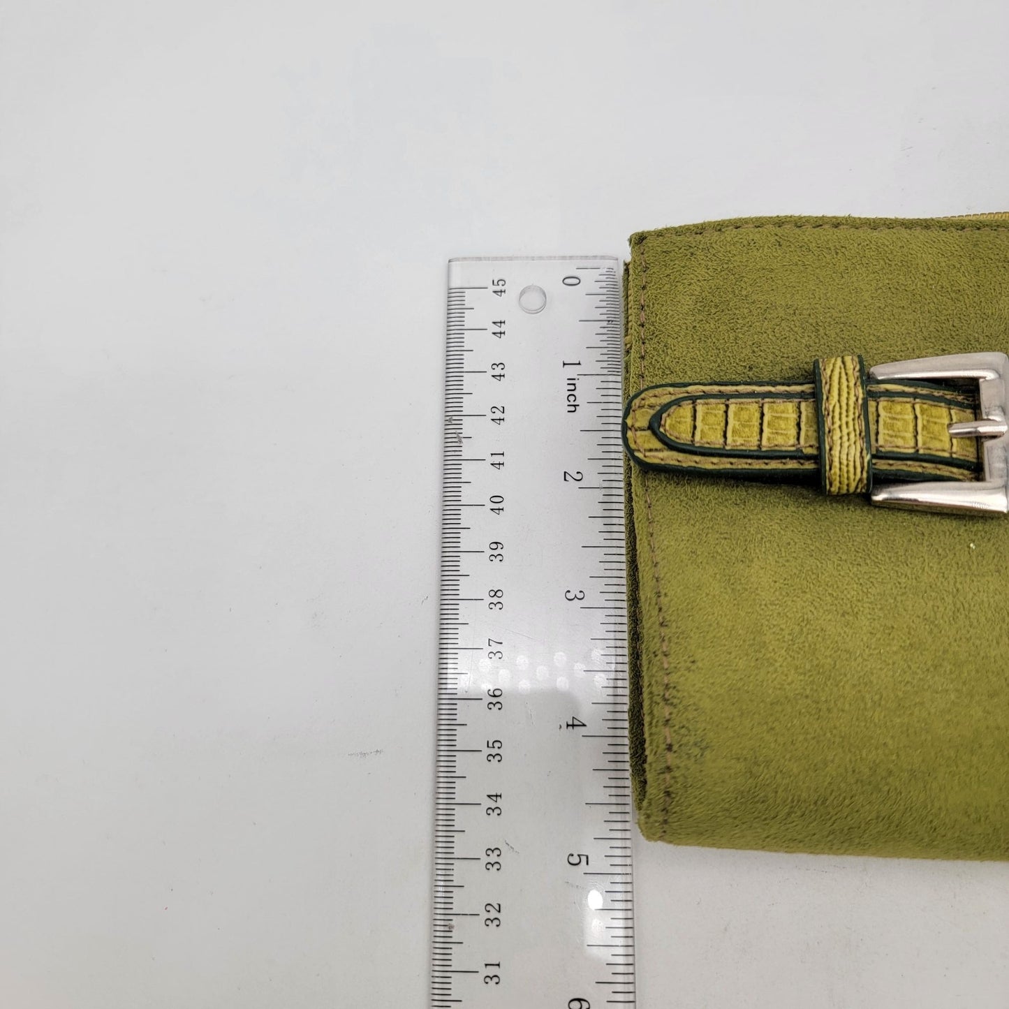 Green Suede & Leather Clutch Wallet With Buckle Accents & Zip Closure