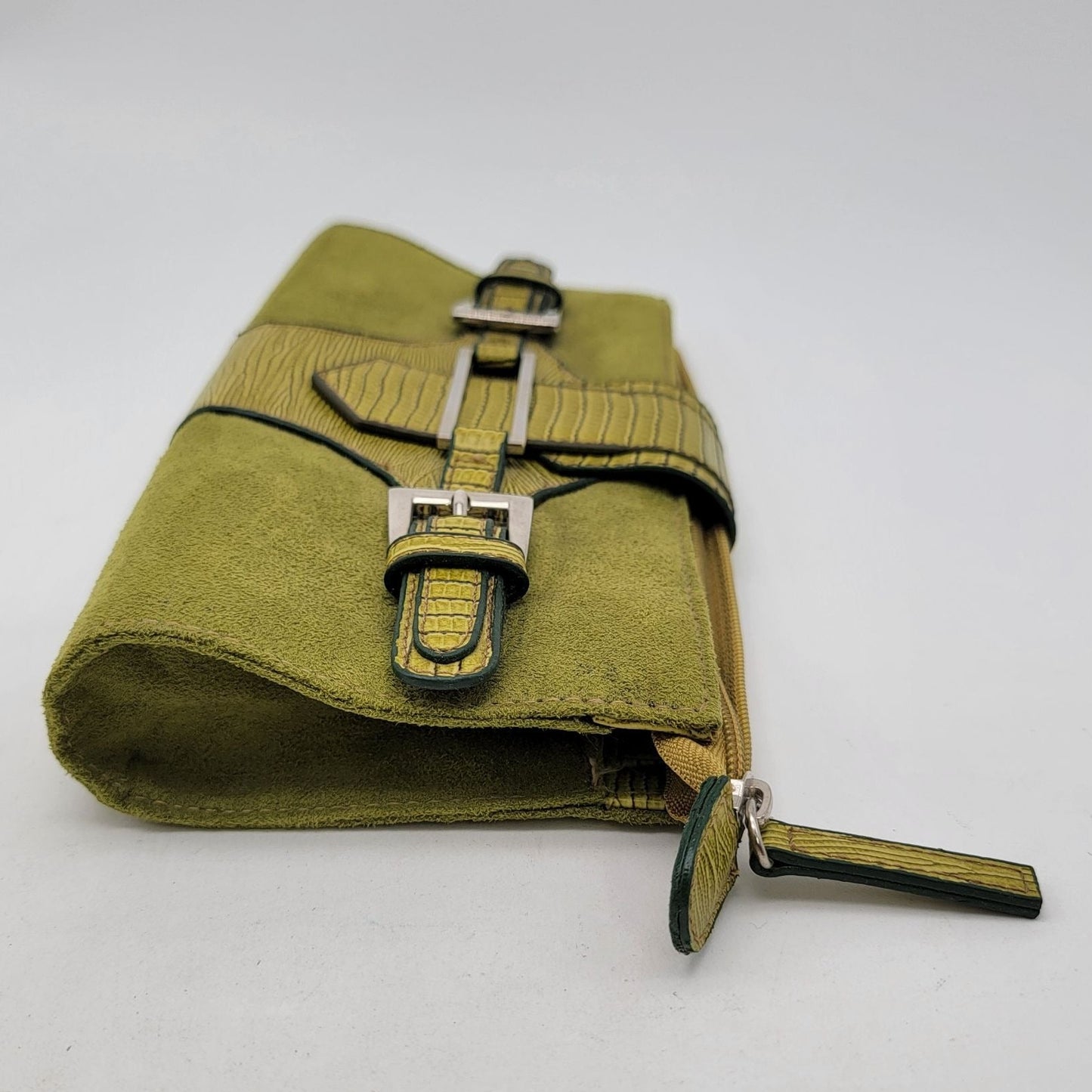 Green Suede & Leather Clutch Wallet With Buckle Accents & Zip Closure