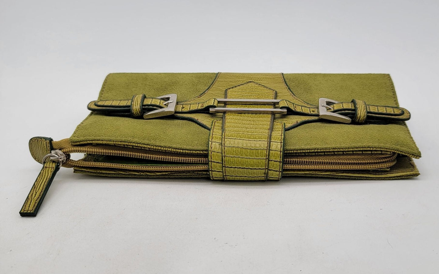 Green Suede & Leather Clutch Wallet With Buckle Accents & Zip Closure