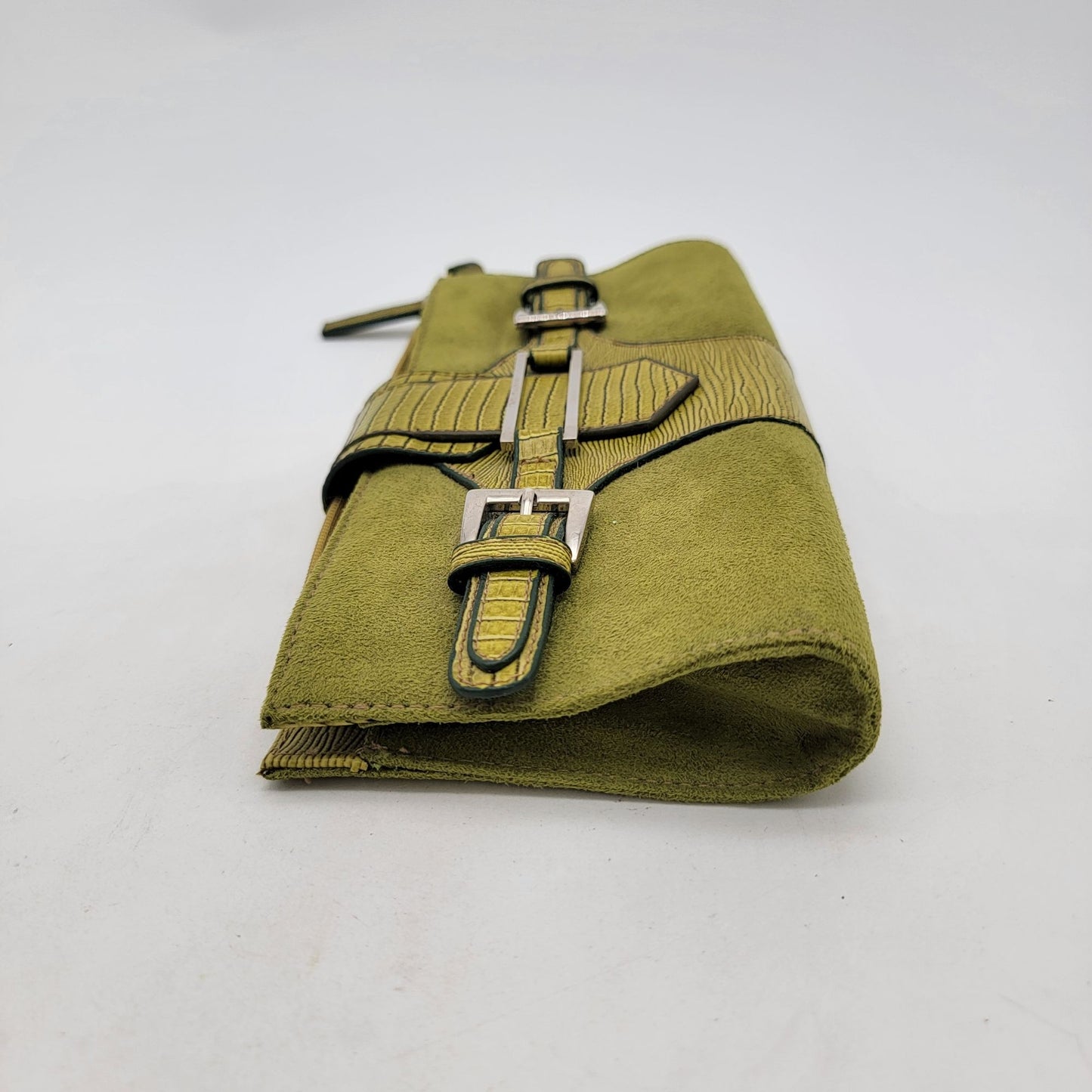 Green Suede & Leather Clutch Wallet With Buckle Accents & Zip Closure