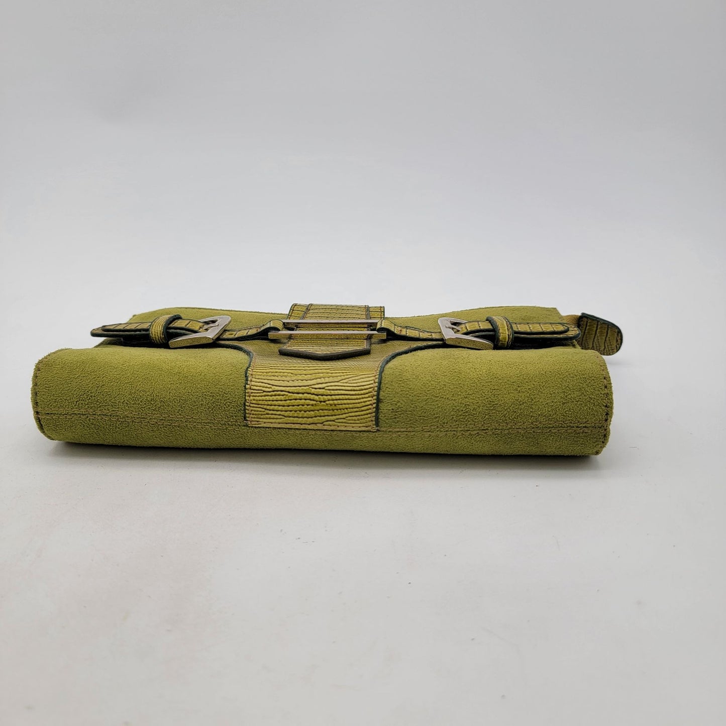 Green Suede & Leather Clutch Wallet With Buckle Accents & Zip Closure
