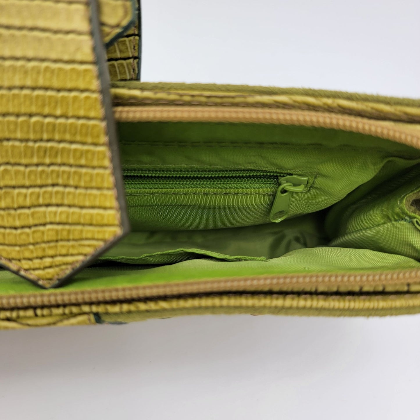 Green Suede & Leather Clutch Wallet With Buckle Accents & Zip Closure