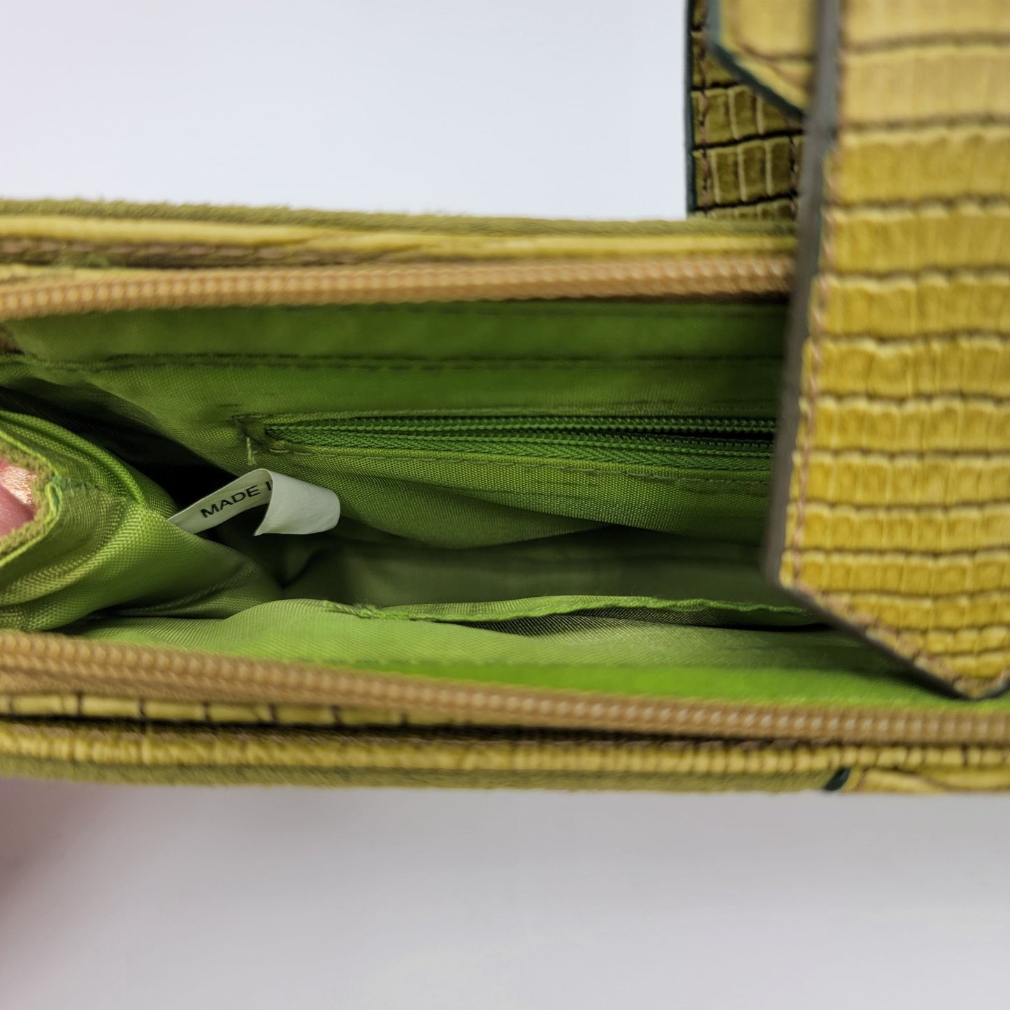 Green Suede & Leather Clutch Wallet With Buckle Accents & Zip Closure