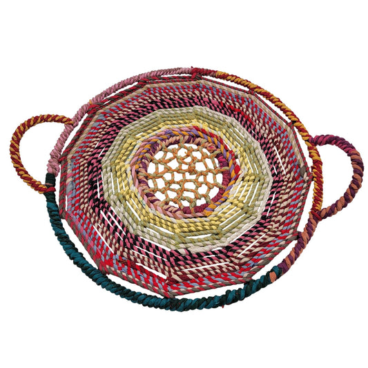 Handwoven Multicolor Wicker Serving Tray With Dual Handles 14"
