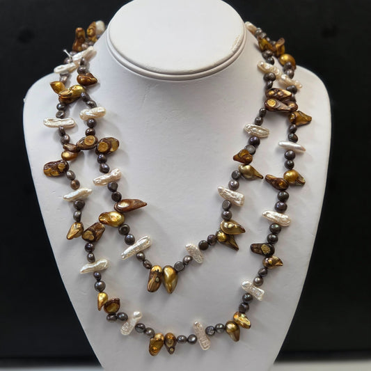 Double Strand Black & Gold Baroque & White Biwa Pearl Necklace 21.5"