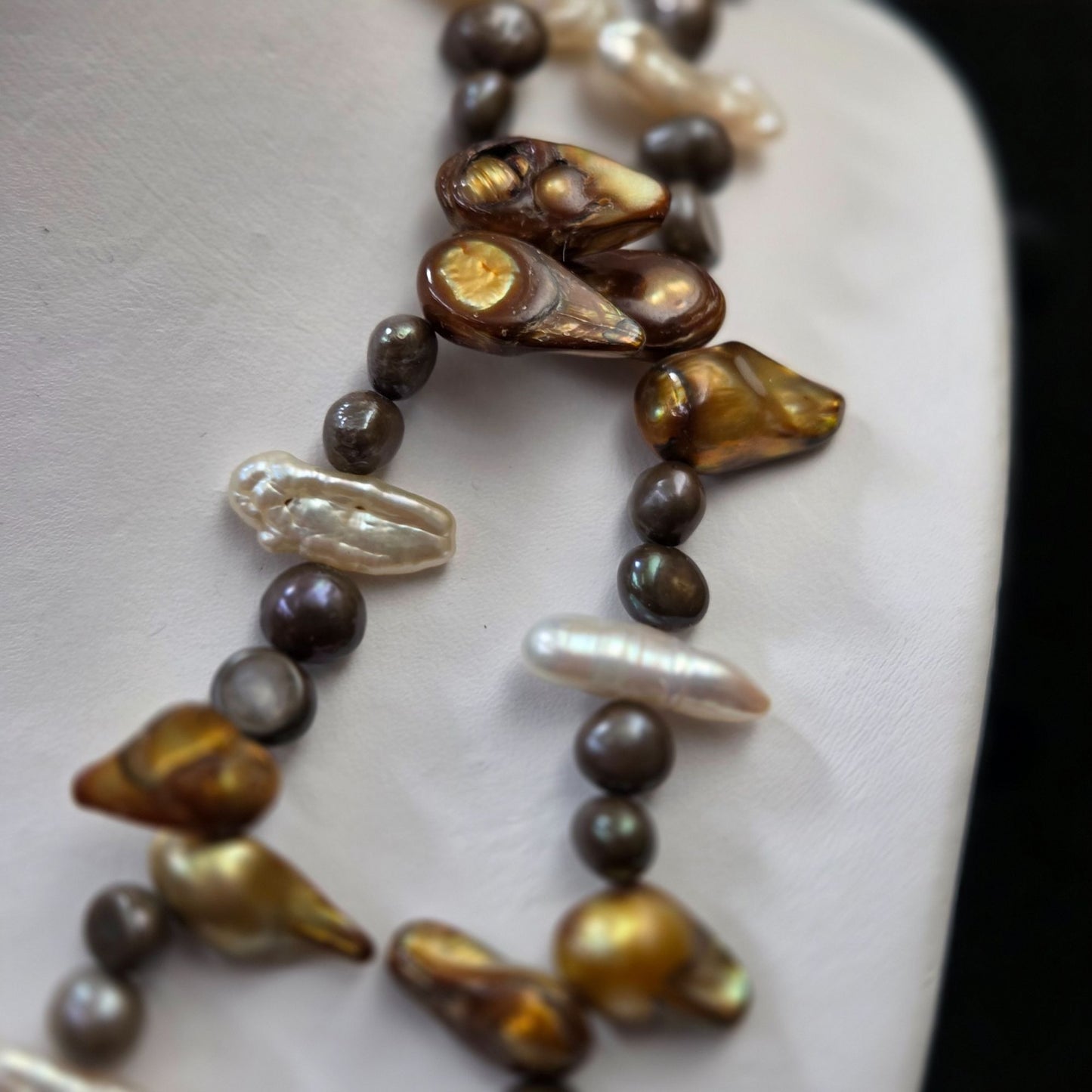 Double Strand Black & Gold Baroque & White Biwa Pearl Necklace 21.5"