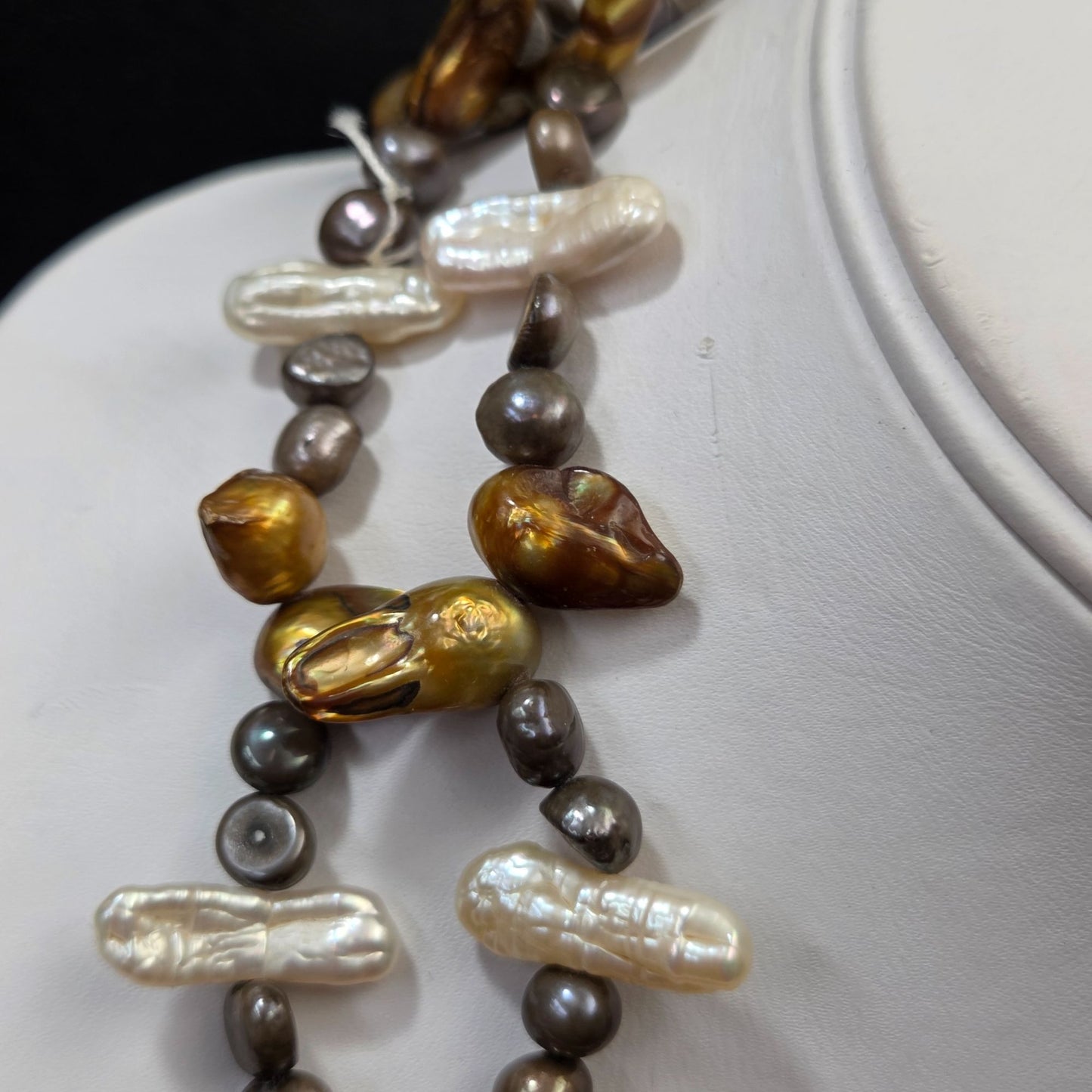 Double Strand Black & Gold Baroque & White Biwa Pearl Necklace 21.5"