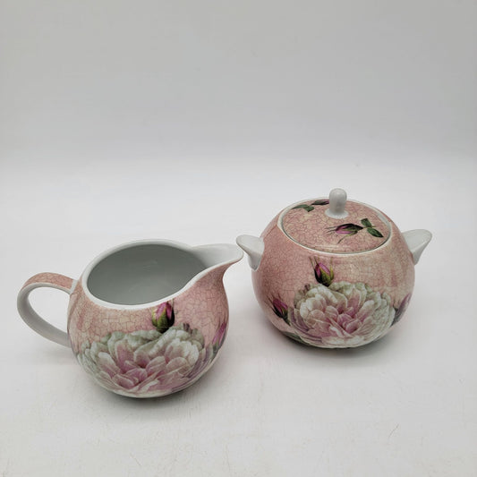 Baum Pink Floral Sugar Bowl & Creamer Set With Peony Design