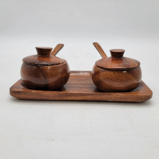 Vintage Wooden Spice Jar Set With Tray & Spoons