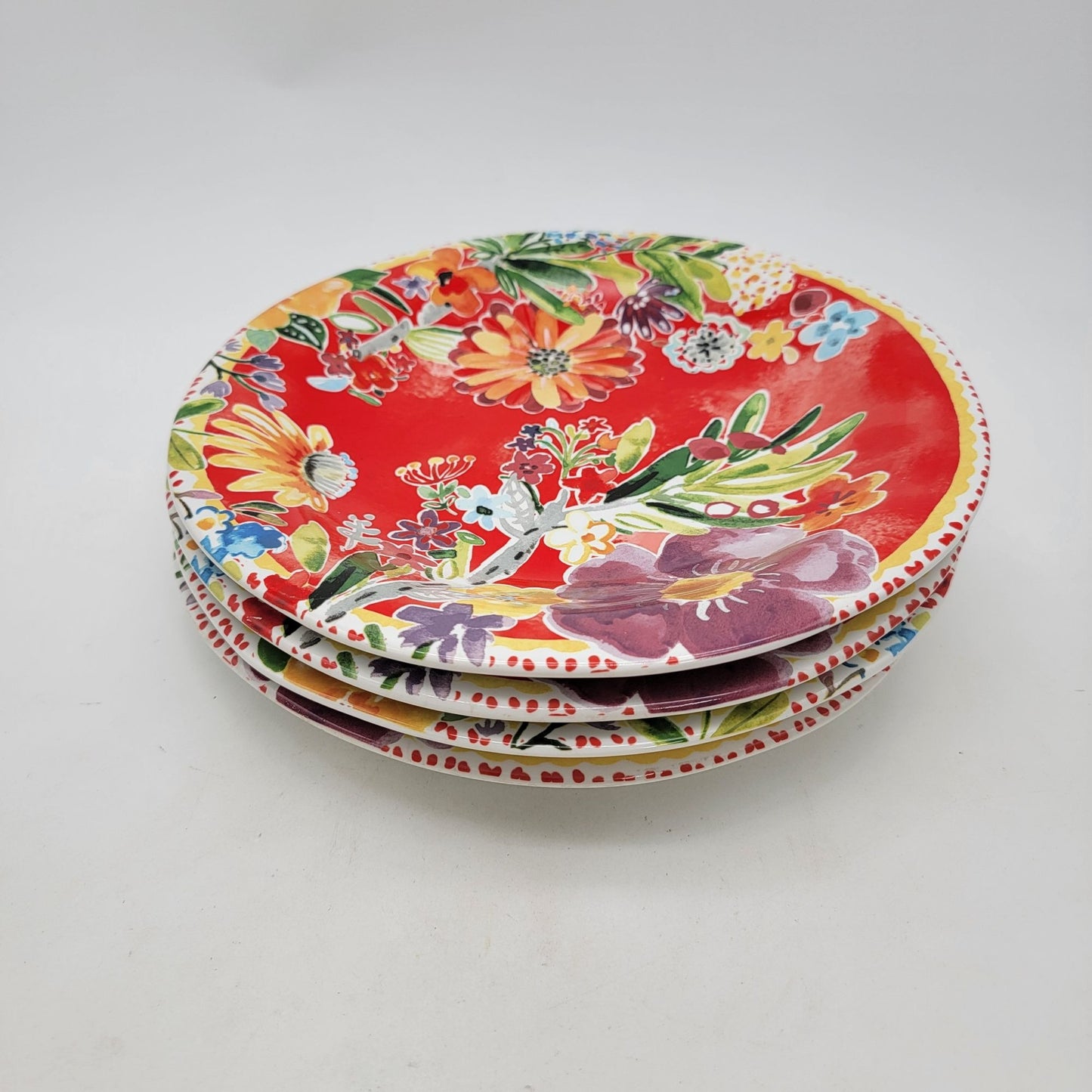 Pier 1 Imports Set Of 4 Floral Porcelain Dinner Plates Red Multicolor