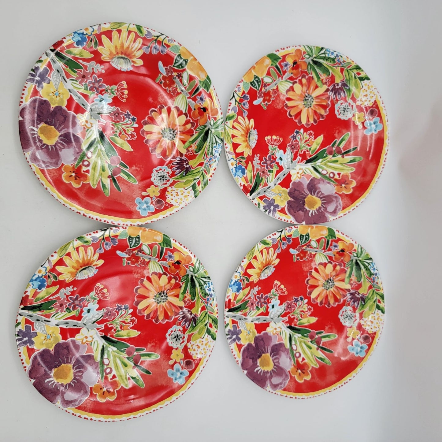 Pier 1 Imports Set Of 4 Floral Porcelain Dinner Plates Red Multicolor