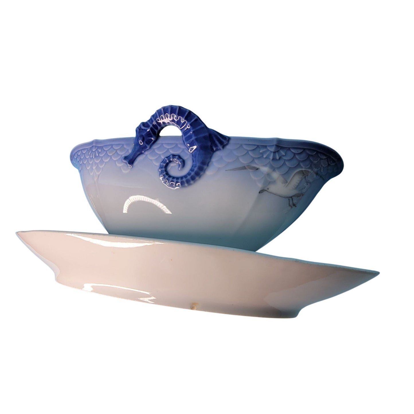Bing & Grondahl Copenhagen Seagull Gravy Boat Attached Underplate Seahorse
