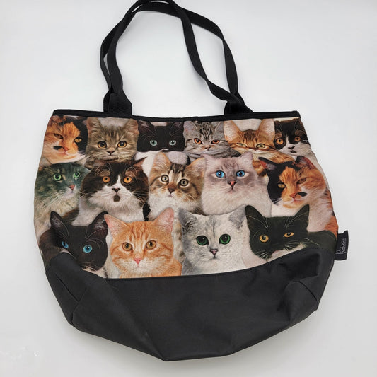 Cat Tote Bag With Zipper & Inner Pocket - Black Bottom