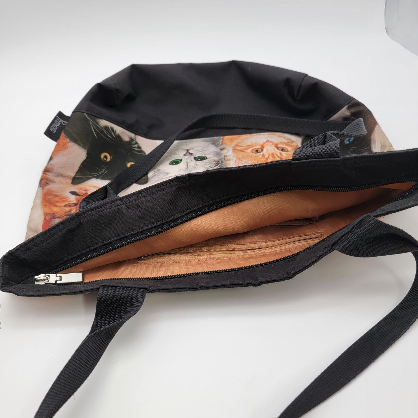 Cat Tote Bag With Zipper & Inner Pocket - Black Bottom