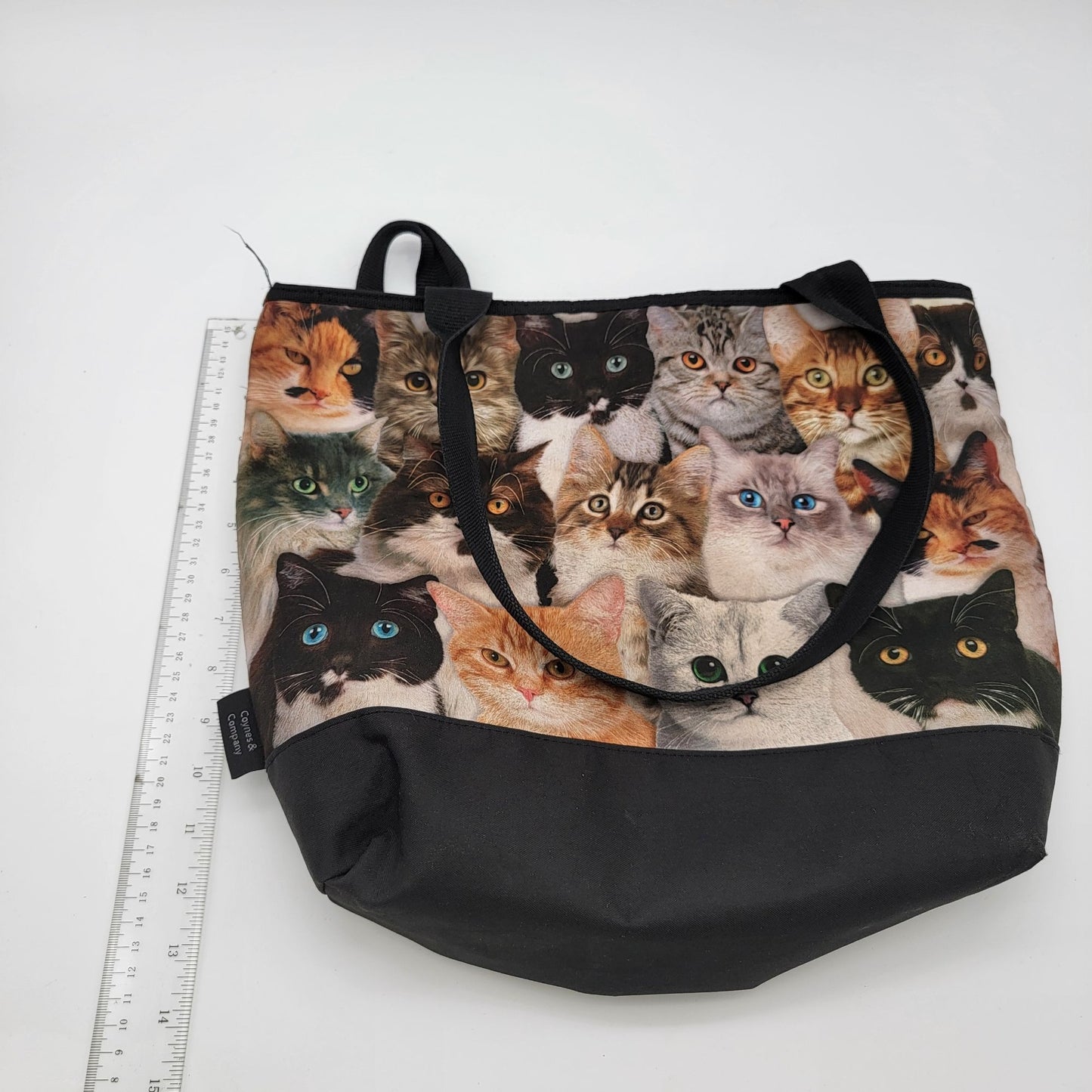 Cat Tote Bag With Zipper & Inner Pocket - Black Bottom