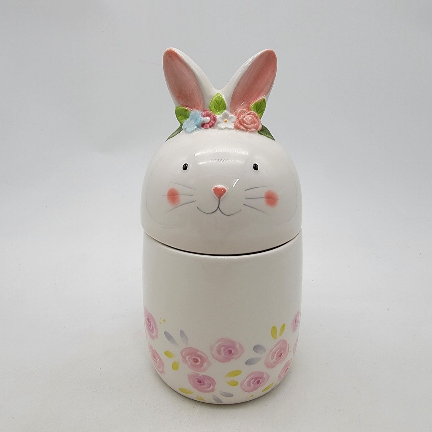 Hoppers Lane Bunny Rabbit Canister With Lid White & Pink Roses
