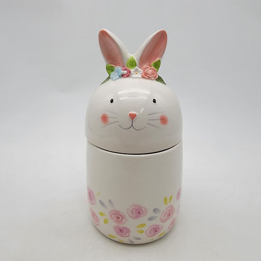 Hoppers Lane Bunny Rabbit Canister With Lid White & Pink Roses