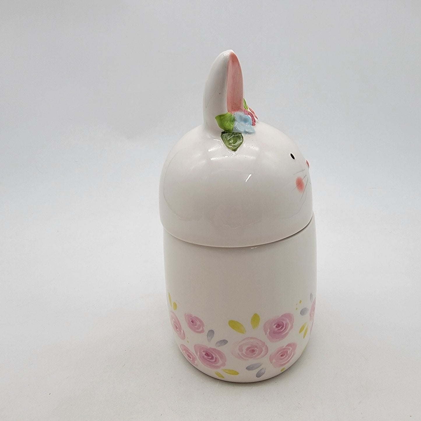 Hoppers Lane Bunny Rabbit Canister With Lid White & Pink Roses
