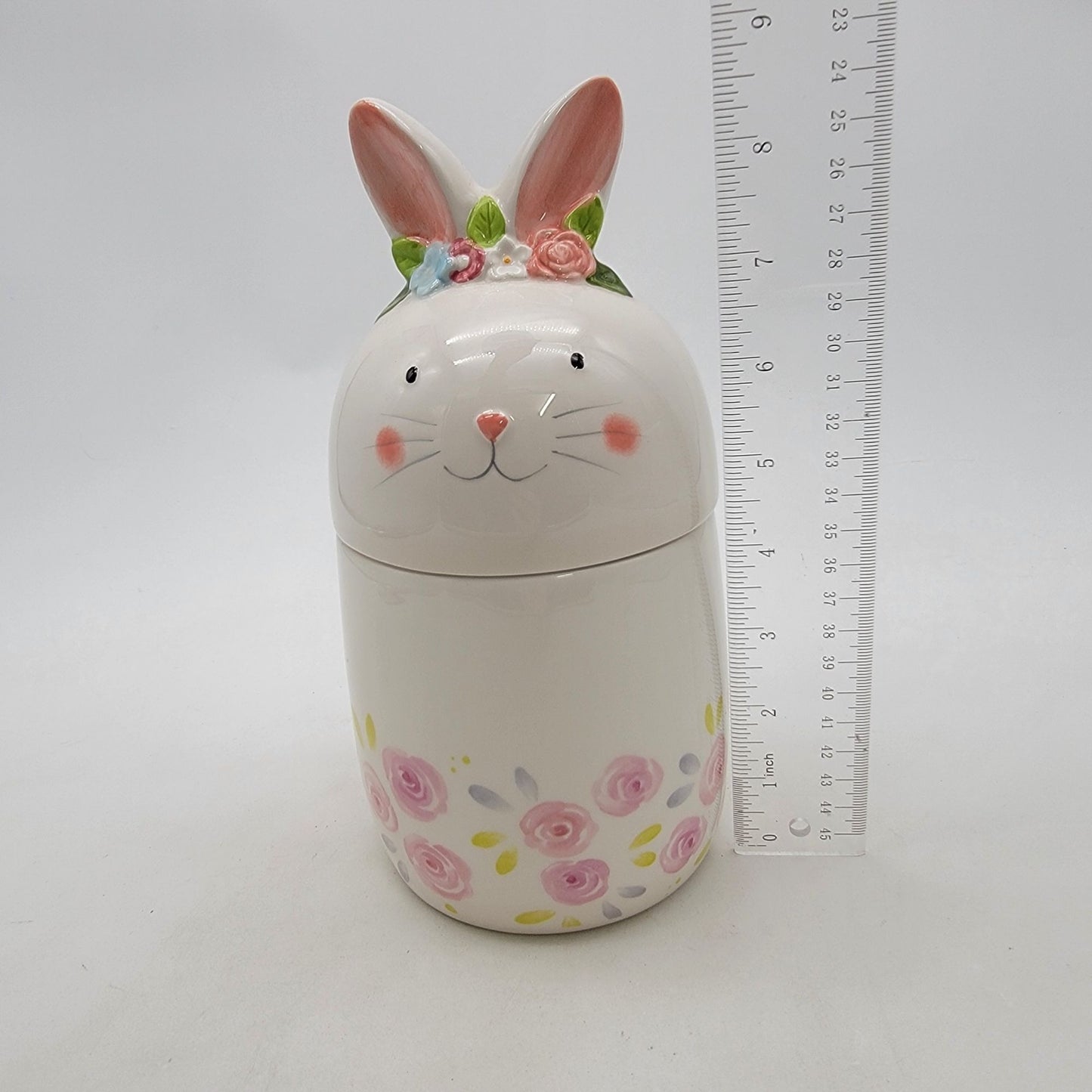 Hoppers Lane Bunny Rabbit Canister With Lid White & Pink Roses