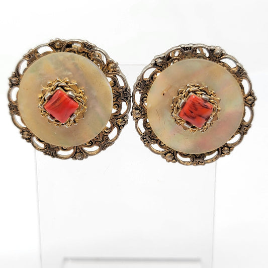 Vintage Gold-Tone Mother of Pearl & Faux Coral Filigree Clip-On Earrings