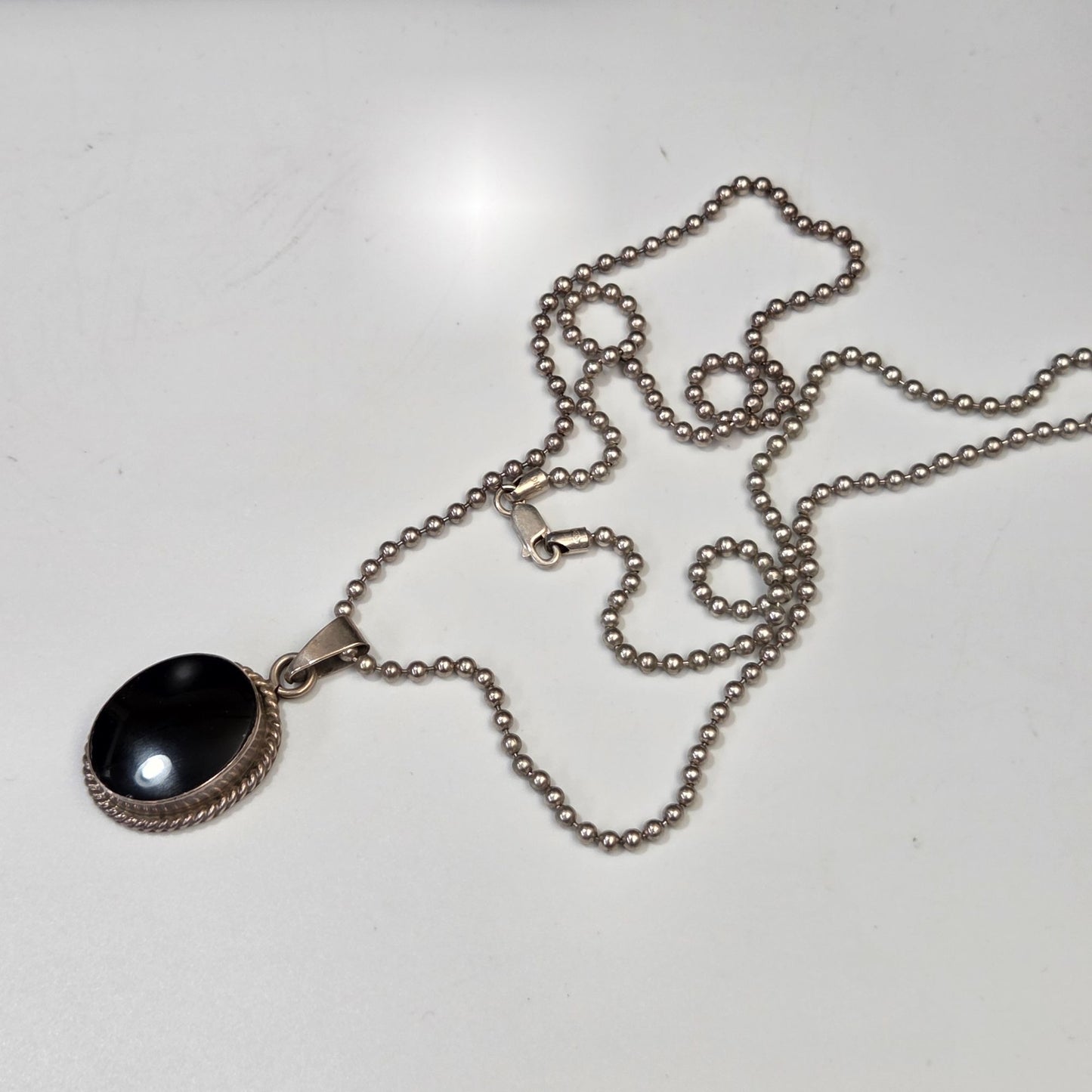 Vintage 925 Silver Black Onyx Pendant Necklace On 925 Silver Ball Chain Made in Italy