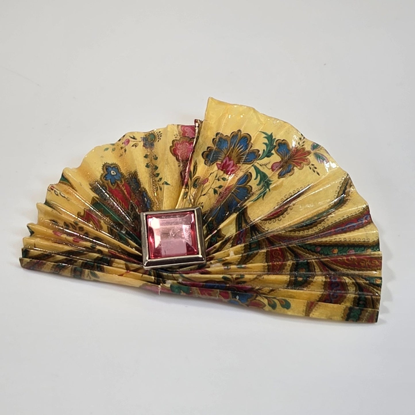Vintage Paper Fan Brooch with Pink Rhinestone