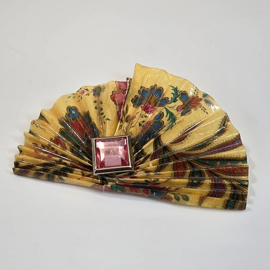 Vintage Paper Fan Brooch with Pink Rhinestone