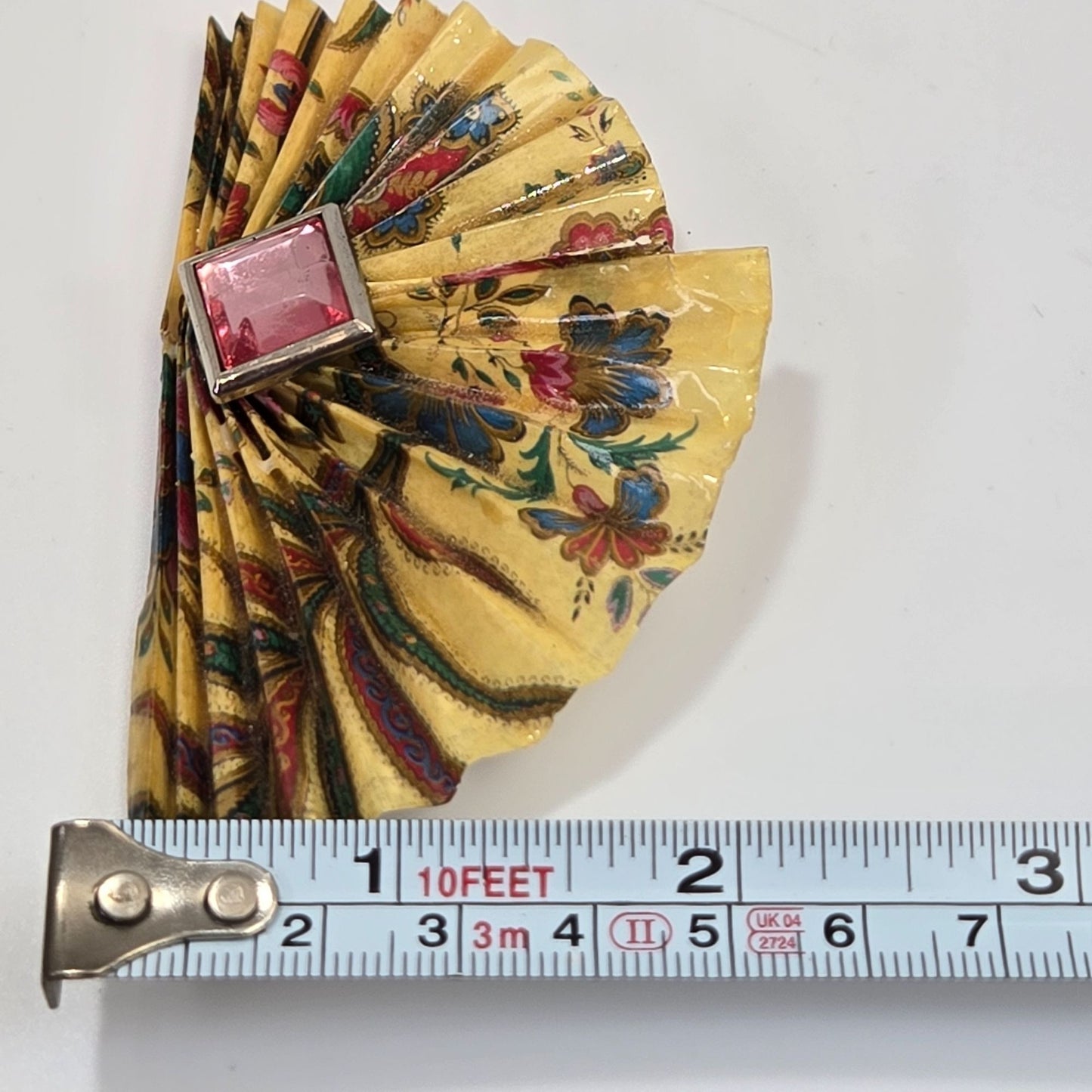 Vintage Paper Fan Brooch with Pink Rhinestone