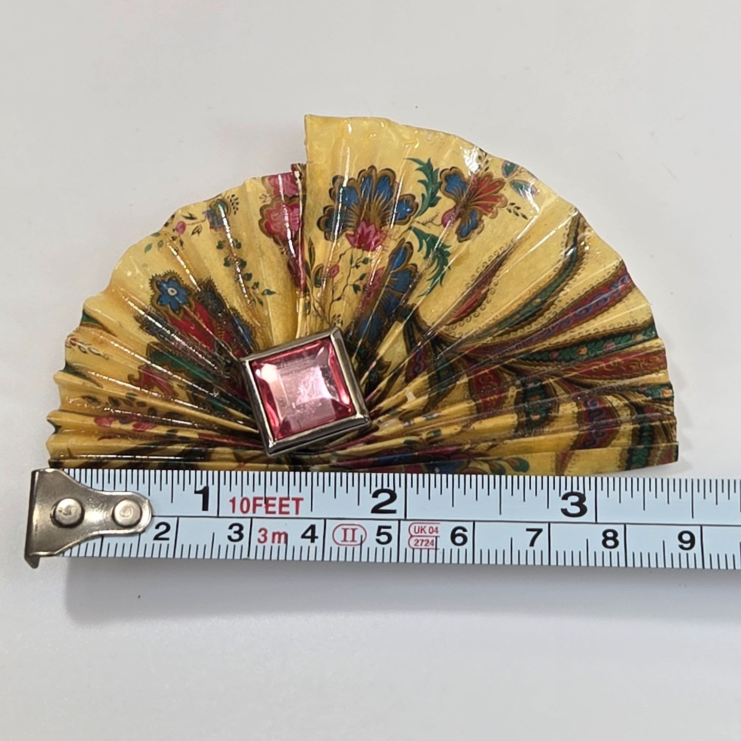 Vintage Paper Fan Brooch with Pink Rhinestone