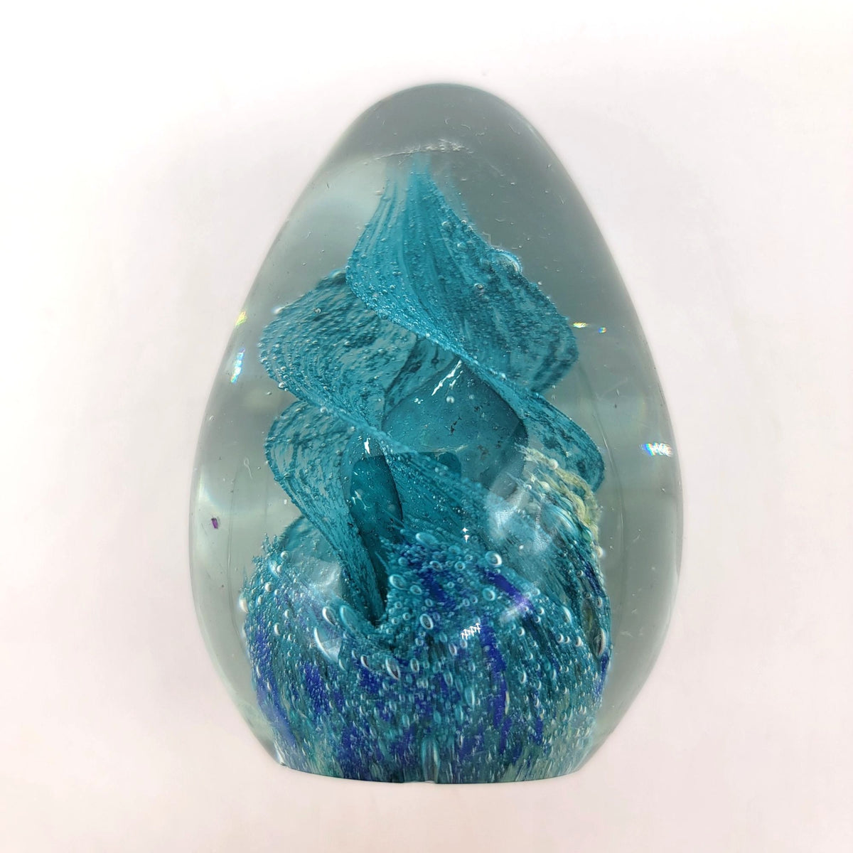 Vintage Blue Dichroic Swirl Art Glass Egg Paperweight