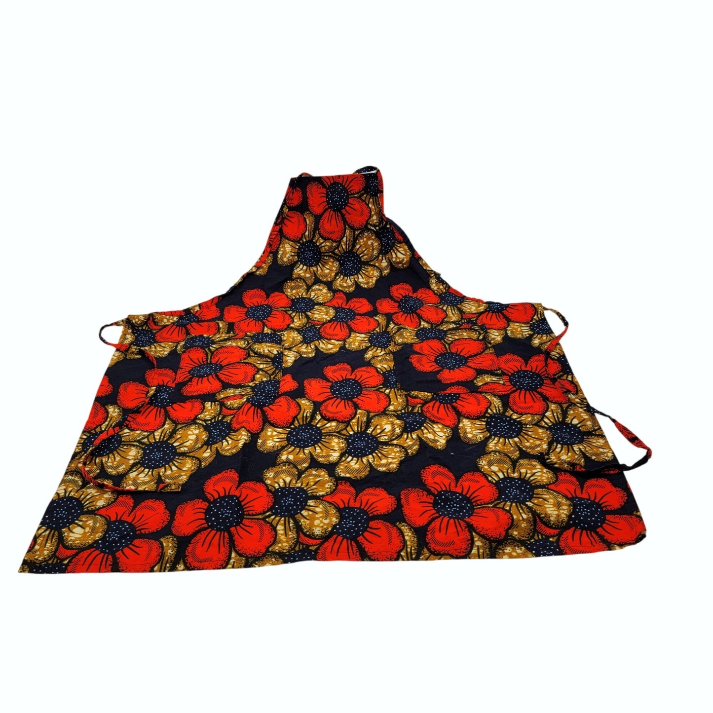 Vintage Floral Fabric Full Bib Apron With Bright Red & Gold Flowers