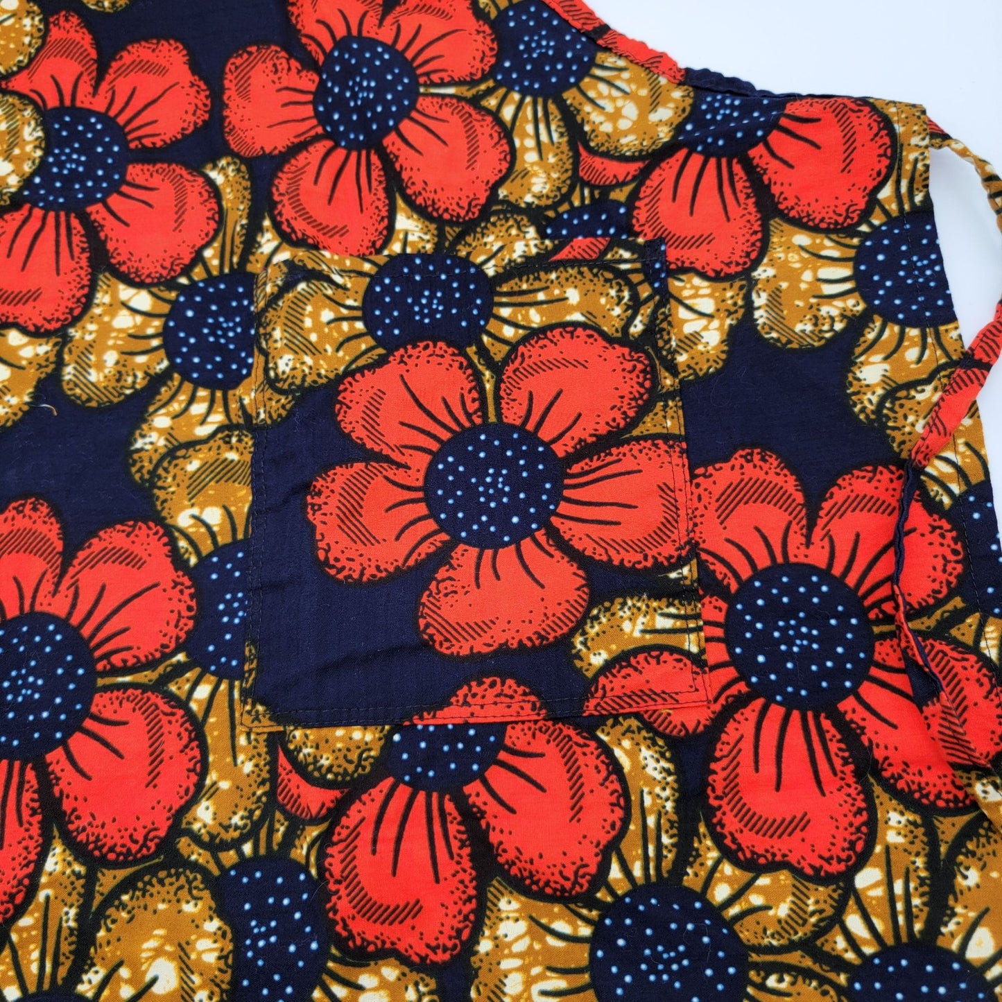 Vintage Floral Fabric Full Bib Apron With Bright Red & Gold Flowers